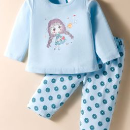 Tango Interlock Knit Full Sleeves Night Suit With Doll & Floral Print - Aqua-picture-44