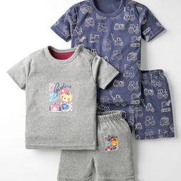 Kidi Wav Pack Of 2 Half Sleeves Bear & Vehicles Printed Coordinating Tees & Shorts Set - Multi Colour-image-82