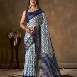 KAYOMMI Abstract Printed Zari Pure Cotton Ikat Saree-32