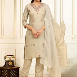 House of Pataudi Floral Embroidered Thread Work Straight Kurta With Trousers & Dupatta-image-99