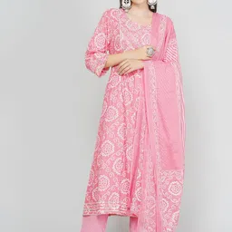 LABEL KASHI Bandhani Printed Round Neck Pure Cotton Kurta with Trousers & Dupatta-0