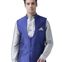 Deyann Blue Silk Regular Fit Nehru Jacket-image-27