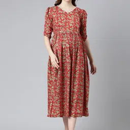 Swishchick Women Floral Printed Pure Cotton Puff Sleeve Maternity Fit & Flare Dress-image-46