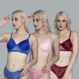 FIMS Blue & Maroon Lace Work Bra Panty Sets - Pack Of 3-46