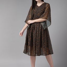 BAESD Ethnic Motifs Print Flared Sleeve Georgette Fit & Flare Midi Dress-picture-16
