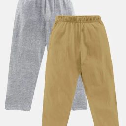 Kiddopanti Kids Grey Melange & Khaki Solid Pyjamas (Pack Of 2)-image-36