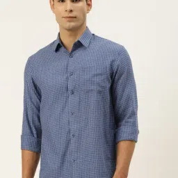 Jainish Blue Cotton Slim Fit Checks Shirt-image-25