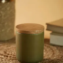Fabindia Home 'Maaya' Olive Green & Brown Ceramic 11 cm Small Jar With Lid (0.35 L) - Set of 1-25