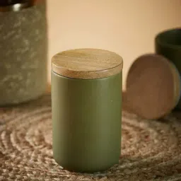 Fabindia Home 'Maaya' Olive Green & Brown Ceramic 14 cm Large Jar With Lid (0.4 L) - Set of 1-44