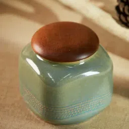 Fabindia Home 'Swayam' Green & Brown Ceramic 10.5 cm Jar With Lid (0.5 L)  - Set of 1-image-33