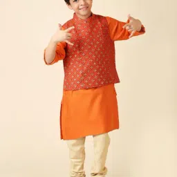 Fabindia Kids Orange & Cream Printed Full Sleeves Kurta, Jacket with Pyjamas-image-6