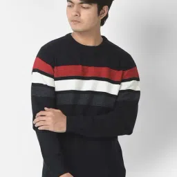 Crimsoune Club Kids Navy & White Cotton Color Block Full Sleeves Sweater-0