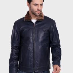 Justanned Blue Solid Leather Jacket-picture-41