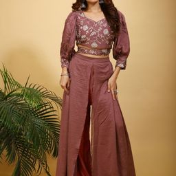 SANCIA Embroidered Sweetheart Neck Crop Top With Palazzos Co-Ords-image-76