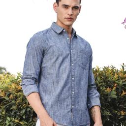 Thomas Scott Blue Linen Slim Fit Texture Shirt-image-3