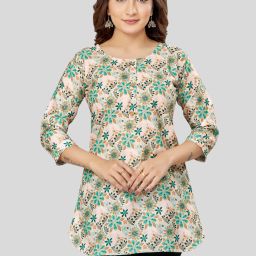 Saree Swarg Cream Printed A-Line Short Kurti image 1