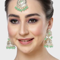 Karatcart Gold-Plated Mirror & Light Green Bead Studded Drop Shape image 1