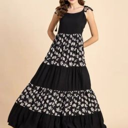 Moomaya Black & White Floral Print Maxi Dress-image-76