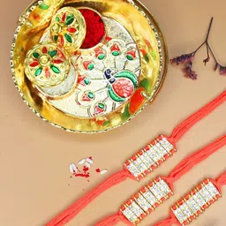 Anouk Set Of 3 Stones Studded Thread Rakhis With Card & Pooja Thali-39