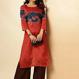 KALINI Animal Printed Round Neck Three Quarter Sleeves Straight Kurta-image-56