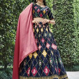 SHUBHKALA Navy & Maroon Silk Embroidered Lehenga and Choli Set With Dupatta-picture-23