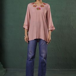 Anouk Floral Embroidered V-Neck Flared Sleeves Liva Kurti-image-10
