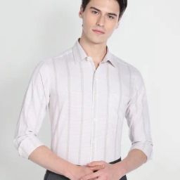 Arrow Light Beige Cotton Slim Fit Striped Shirt-image-64