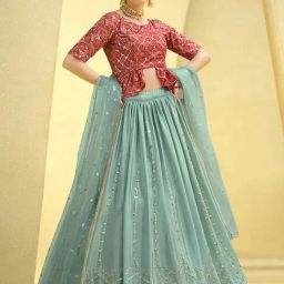 SHUBHKALA Sky Blue & Red Embellished Lehenga and Choli Set With Dupatta-picture-19