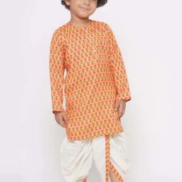 Little Bansi Kids Yellow & White Cotton Floral Print Full Sleeves Kurta Set-image-55