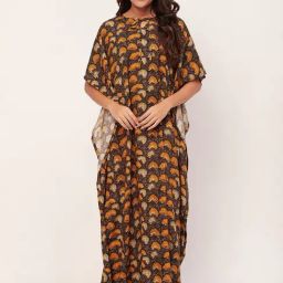 Moomaya Black & Mustard Floral Print Kaftan Nighty-image-45
