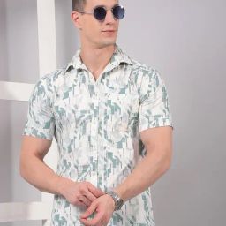 Crimsoune Club Blue Linen Blend Slim Fit Printed Casual Shirt-image-32