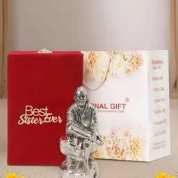 INTERNATIONAL GIFT Silver Plated Sai Baba Idol with Velvet Box and Best Sister Tag-image-92