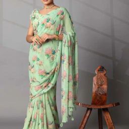 Zari Jaipur Green Printed Saree With Unstitched Blouse-picture-20