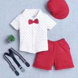 Bumzee Boys White & Red Half Sleeves Shirt & Short Set With Bow Suspender & Cap-image-21