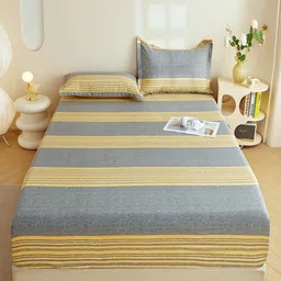 JC HOME Grey & Yellow Striped King Bedsheet with 2 Pillow Covers-picture-28