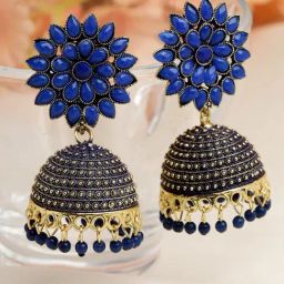 Moedbuille Handcrafted Meenakari Work Crystal Studded Floral Oxidized Gold-Plated Jhumki Earrings-image-51