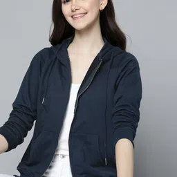 Mast & Harbour Women Navy Blue Solid Hooded Sweatshirt-picture-49