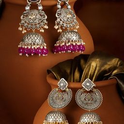 Zaveri Pearls Set Of 2 Silver-Plated Stones Studded & Beaded Antique Dome Shaped Jhumkas-93
