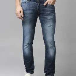 Spykar Dark Blue Regular Fit Lightly Washed Distressed Jeans-image-46