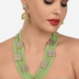 Zaveri Pearls Green Crystals Beaded Multi Layers Bridal Kundan Necklace Earring & Ring Set-ZPFK12629-97