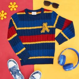 Pantaloons Junior Kids Navy & Yellow Striped Full Sleeves Sweater-picture-12
