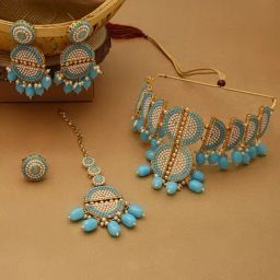 Zaveri Pearls Turquoise Blue Ethnic Choker Necklace Earring Maangtikka & Ring Set-ZPFK12741-image-22