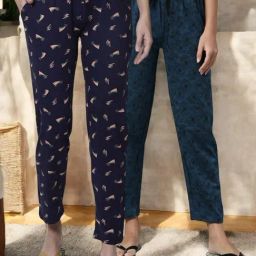 Kryptic Teal & Navy Cotton Relaxed Fit Printed Lounge Pants - Pack of 2-image-86