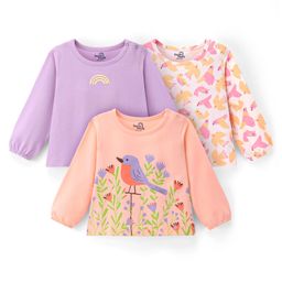 Doodle Poodle 100% Cotton Full Sleeves T-Shirt Bird Print Pack Of 3- Peach Yellow & Purple-image-68