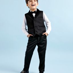 Babyhug Full Sleeves Party Suit Sheen Texture with Bow - White & Black-image-30