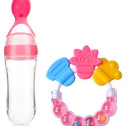 Silicone Squeezy Food Feeder Bottle With Spoon & Rattle Teether - Pink-13