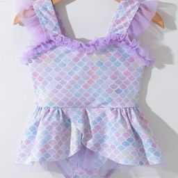 Kookie Kids Frill Sleeves Printed Frock Swimsuit  -  Purple-image-93