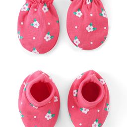 Babyhug 100% Cotton Mittens & Booties Set Floral Print - Pink-image-30
