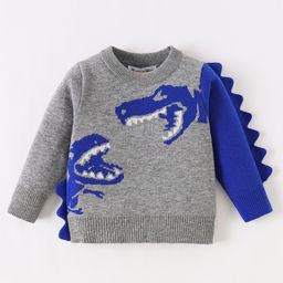 Kookie Kids Full Sleeves Pullover Sweater with Dino Design & Applique - Grey-image-26