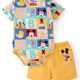 Babyhug Disney Cotton Knit Half Sleeves Onesie with Shorts Mickey Mouse Print - Multicolour-image-4